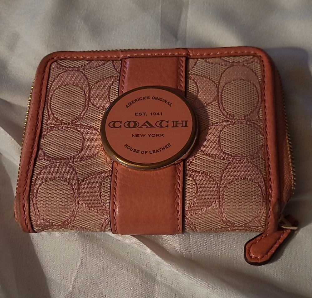 Coach Women’s Pink Signature Logo Zip-Around Wallet w/ Zipper, Credit Card